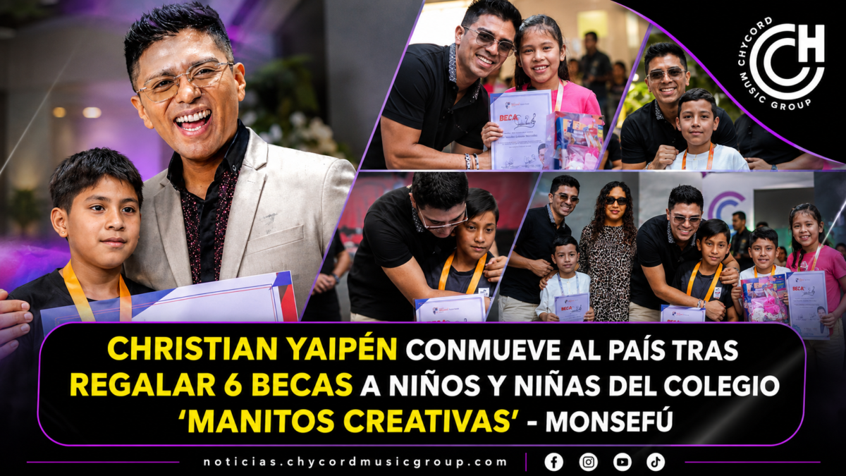 Christian Yaipén junto a niños y niñas durante la entrega de becas en Monsefú