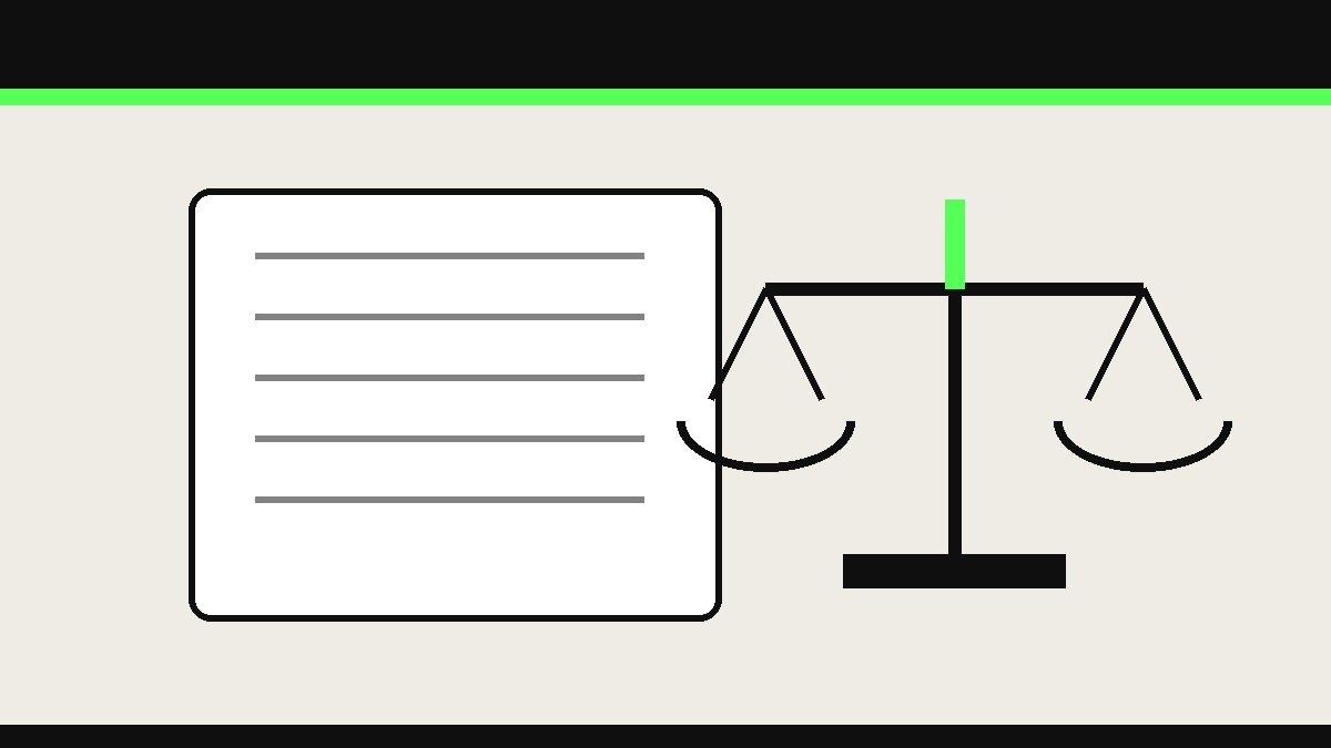 Ilustración editorial de una balanza de justicia y un documento