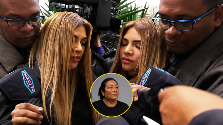Naldy Saldaña durante un tenso momento en los exteriores de la Depincri rodeada por prensa y testigos